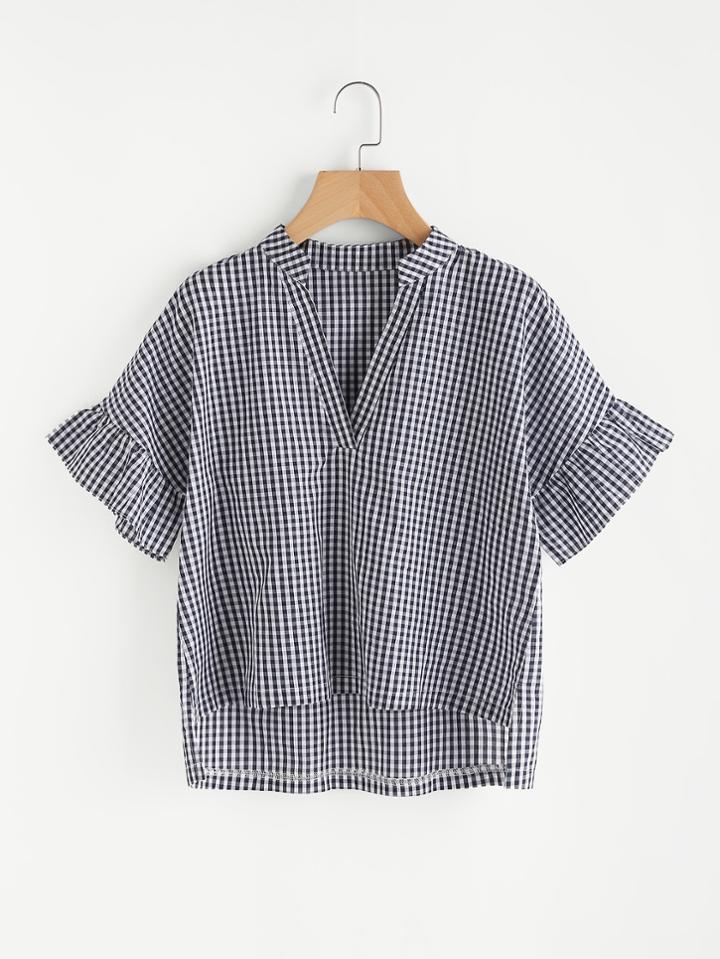 Shein Slit Side Dip Hem Gingham Blouse