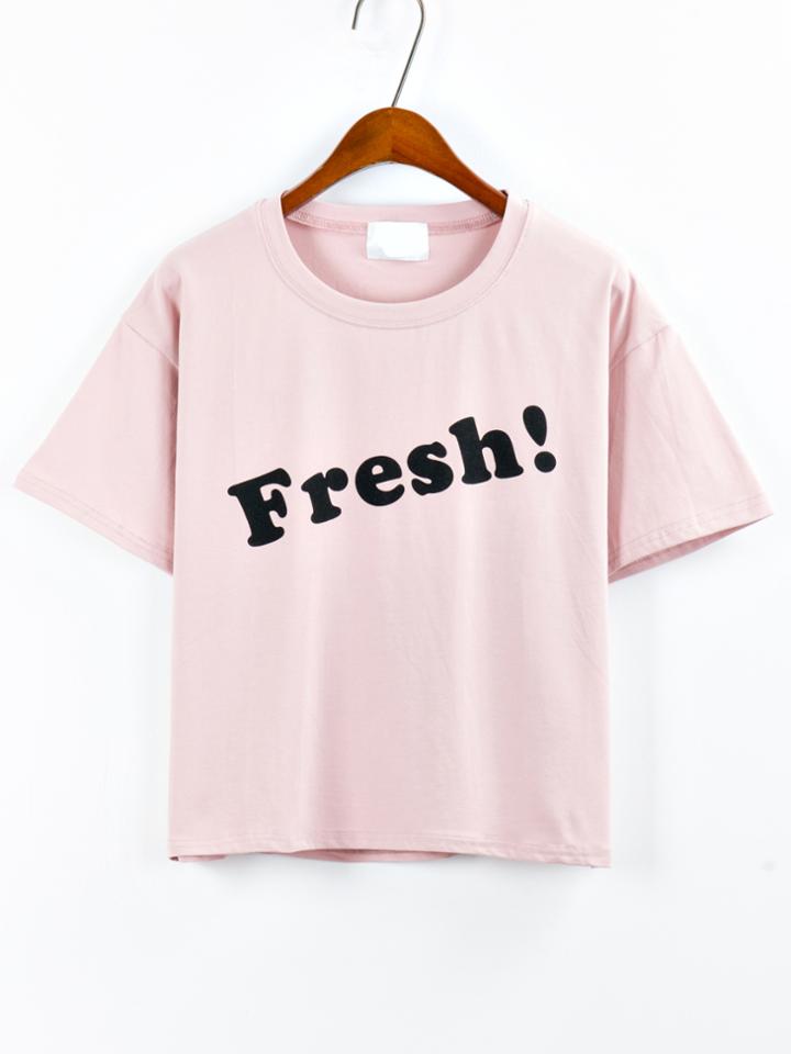 Shein Letter Print Drop Shoulder T-shirt - Pink