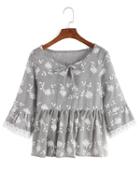 Shein Grey Lace Trimmed Embroidery Peplum Blouse