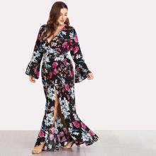 Shein Plus Fluted Sleeve Tie Side Floral Print Dress