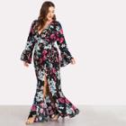 Shein Plus Fluted Sleeve Tie Side Floral Print Dress