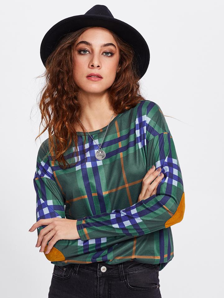 Shein Elbow Patched Gingham Top