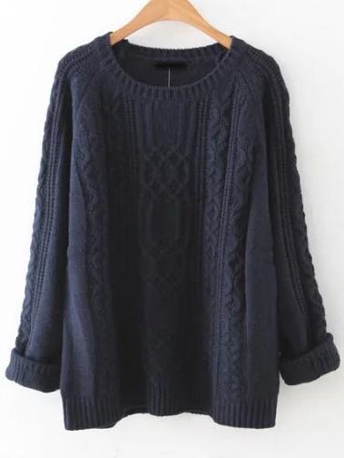 Shein Navy Cable Knit Raglan Sleeve Sweater