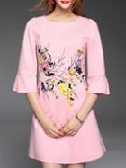 Shein Pink Bell Sleeve Flowers Embroidered Dress