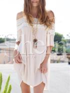 Shein Apricot Spaghetti Strap Off The Shoulder With Lace Dress