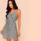 Shein Button Detail Self Belted Overlap Striped Dress