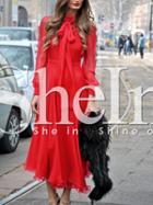 Shein Red Mesh Sleeve Tie Neck Layer Tulle Dress