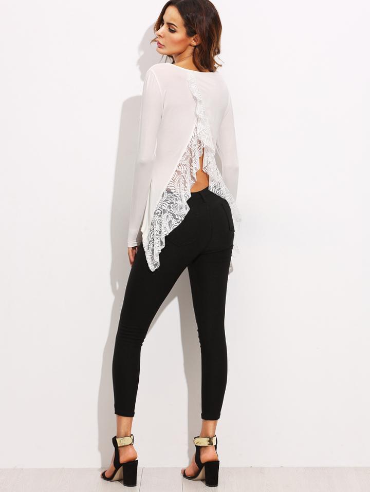 Shein White Lace Trim Split Back Long Sleeve T-shirt