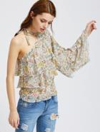 Shein Multicolor Botanical Print One Shoulder Halter Neck Ruffle Top