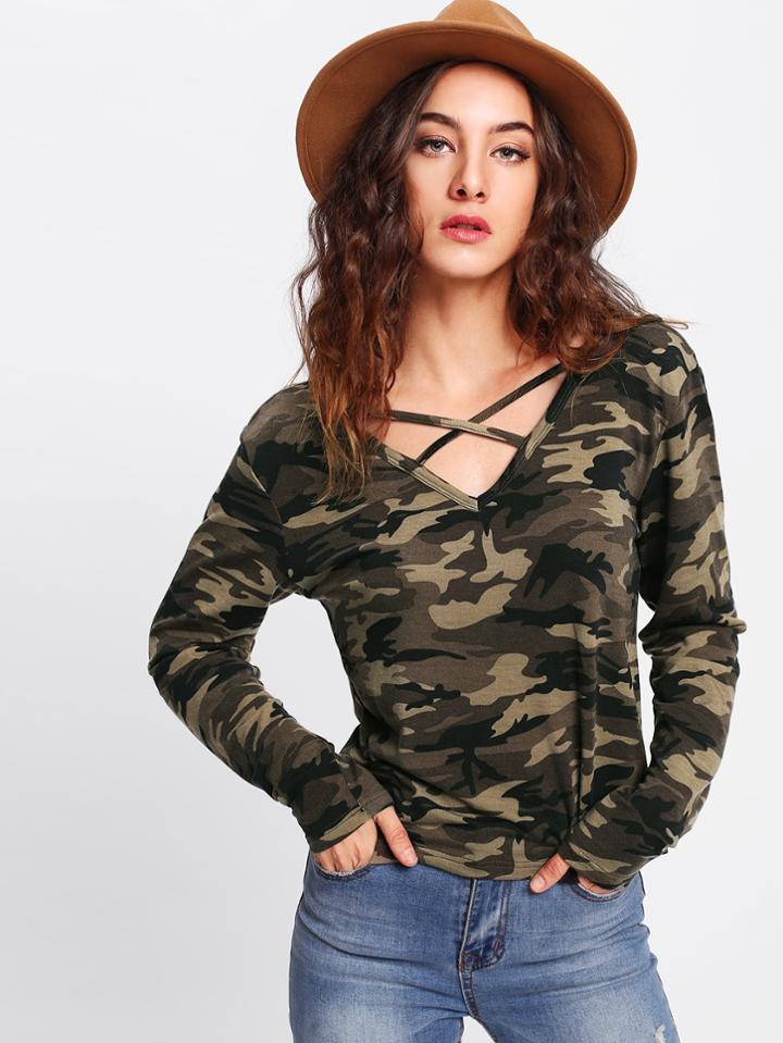 Shein Crisscross Neck Camo T-shirt