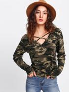 Shein Crisscross Neck Camo T-shirt