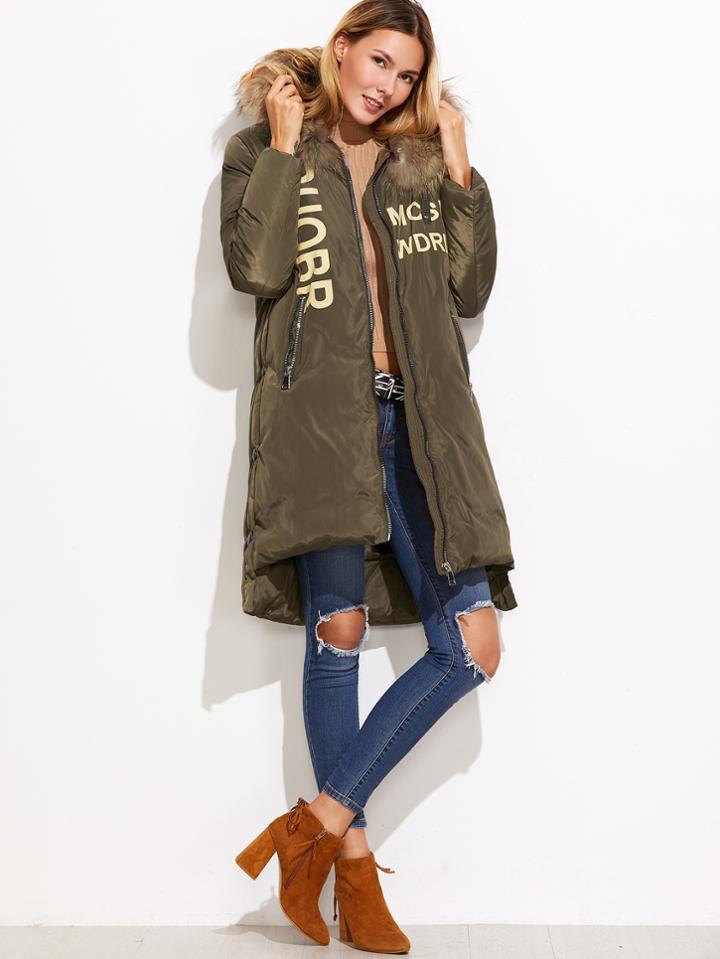 Shein Hooded Dip Hem Letters Print Padded Coat
