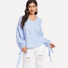 Shein Button Front Striped Knot Blouse