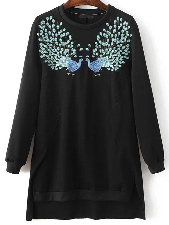 Shein Black Peacock Print Split Side High Low Sweatshirt