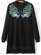 Shein Black Peacock Print Split Side High Low Sweatshirt