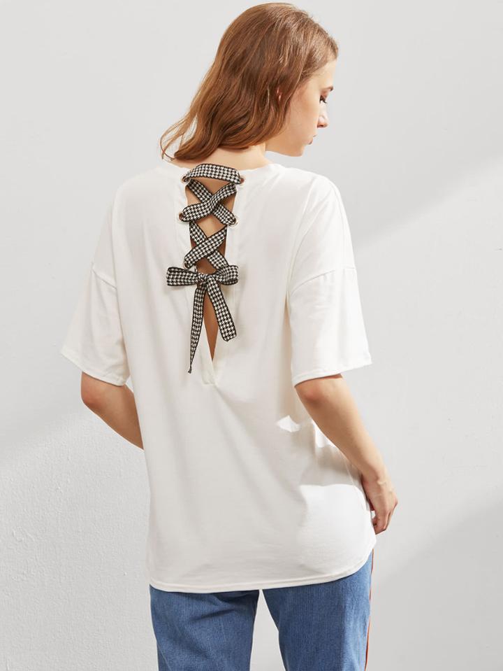 Shein Letters Print Houndstooth Ribbon Detail Lace Up Back Tee