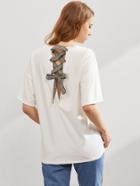 Shein Letters Print Houndstooth Ribbon Detail Lace Up Back Tee