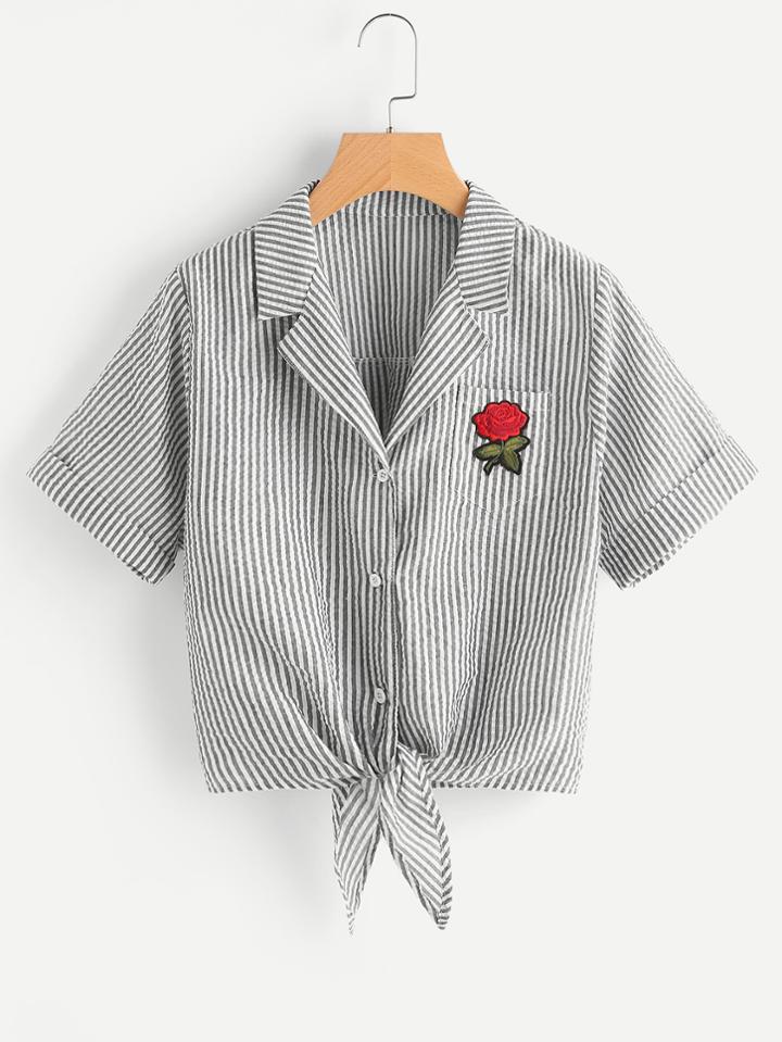 Shein Notch Collar Rose Patch Tie Front Shirt