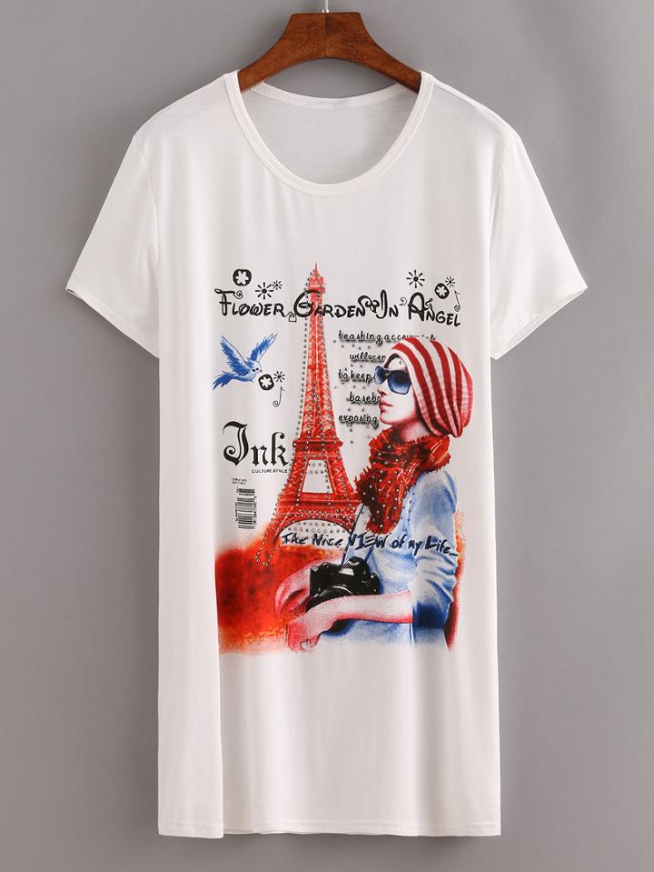 Shein Studded Graphic Print White T-shirt