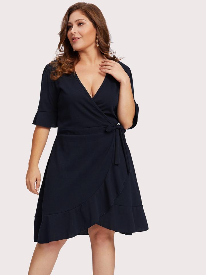 Shein Deep V Neck Ruffle Trim Tie Side Wrap Dress