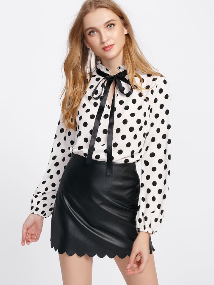 Shein Frilled Tie Neck Polka Dot Top