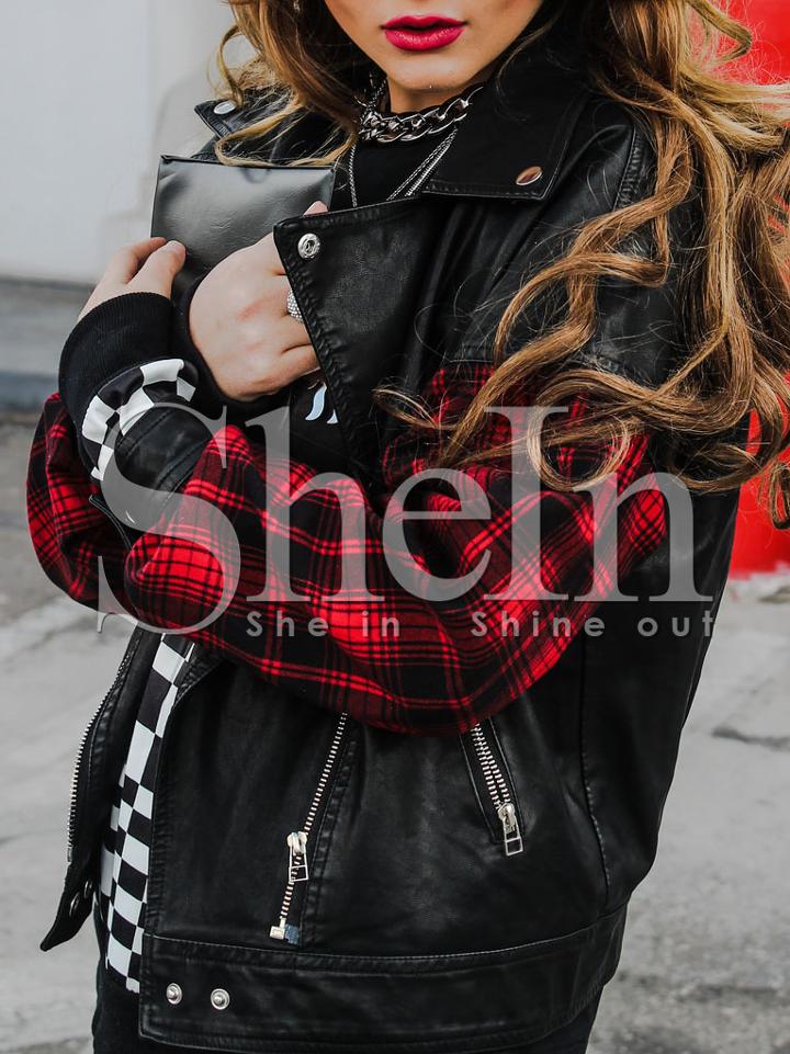 Shein Black Lapel Contrast Red Plaid Sleeve Zipper Jacket