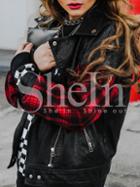 Shein Black Lapel Contrast Red Plaid Sleeve Zipper Jacket