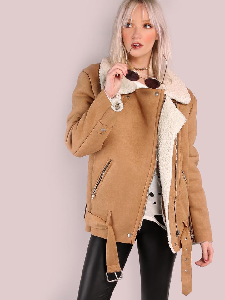 Shein Oversized Faux Sheepskin Shearling Jacket Tan