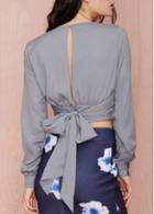 Rosewe Knot Decorated V Neck Grey Crop Top