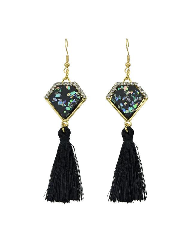 Shein Black Ethnic Boho Style Tassel Geometric Pattern Earrings
