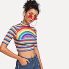Shein Stand Neck Striped Crop Tee