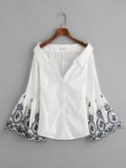 Shein Embroidered Trumpet Sleeve Collared Boat Neck Blouse