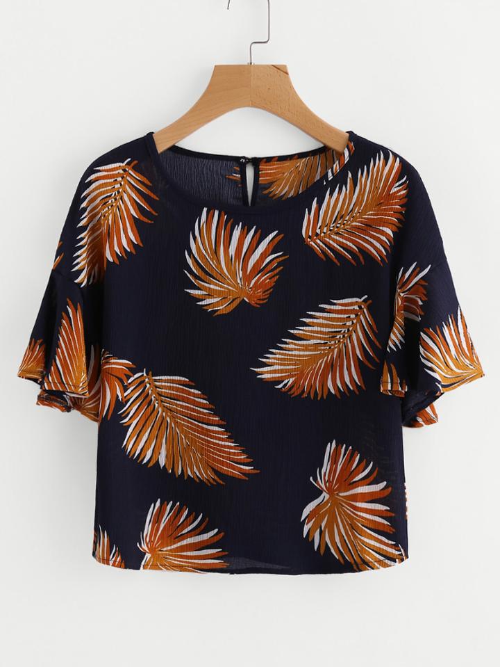 Shein Leaf Print Frill Sleeve Top