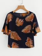 Shein Leaf Print Frill Sleeve Top