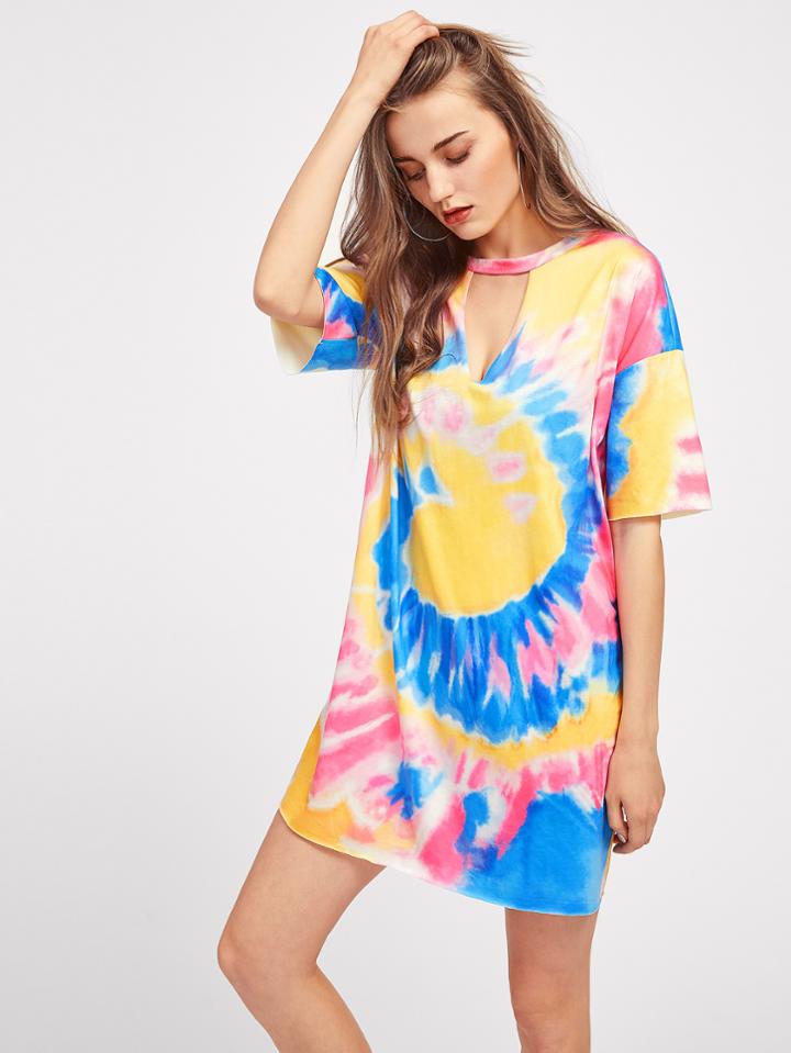 Shein Choker Neck Spiral Tie Dye Tee Dress