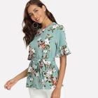 Shein Floral Print Flounce Sleeve Belted Top