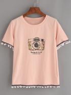 Shein Pink Pom Pom Trim Camera Print T-shirt
