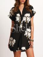 Shein Black V-neck Floral Print Dolphin Hem Dress