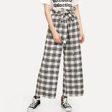 Shein Frill Trim Self Tie Waist Checked Pants