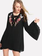 Shein Plunge Lace Up Embroidered Applique Dress