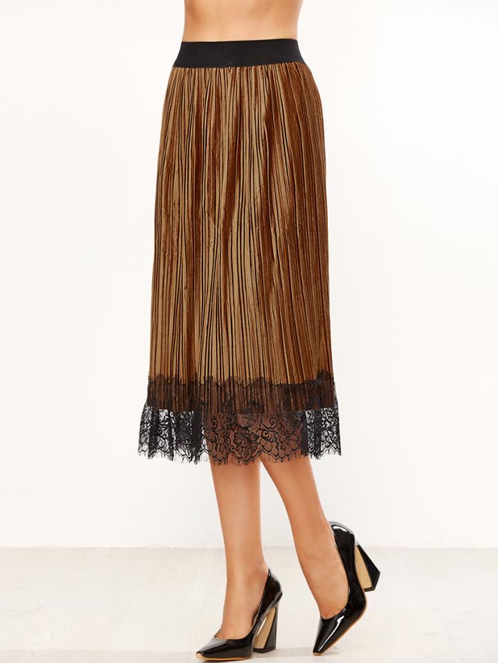 Shein Contrast Eyelash Lace Pleated Velvet Skirt