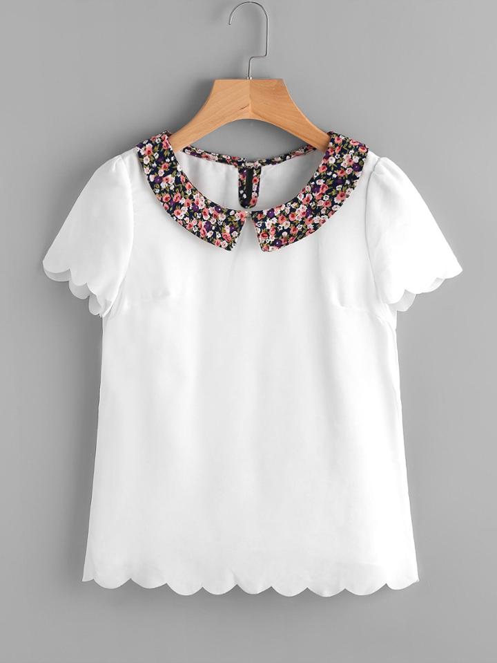 Shein Contrast Calico Print Collar Scallop Trim Blouse