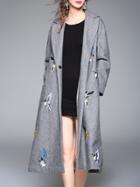 Shein Grey Lapel Birds Embroidered Long Coat