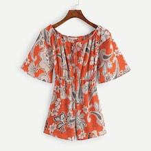Shein Girls Bell Sleeve Botanical Bardot Romper