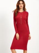 Shein Red Long Sleeve Ribbed Pencil Dress