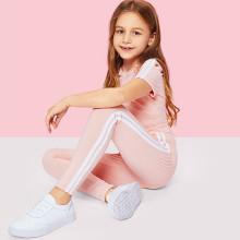 Shein Girls Stripe Side Ribbed Knit Hoodie And Pants Set