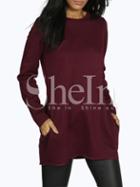 Shein Burgundy Long Sleeve Round Neck T-shirt