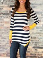 Shein Navy White Striped Asymmetrical Slim T-shirt