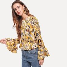 Shein Mock Neck Flounce Sleeve Floral Top