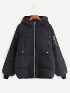 Shein Black Raglan Sleeve Zipper Hooded Padded Coat